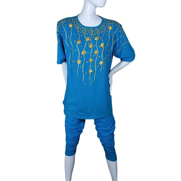 Vintage Art Wear Apparel Limited Set of Top and Pants Size Large Blue and Gold - Picture 2 of 15